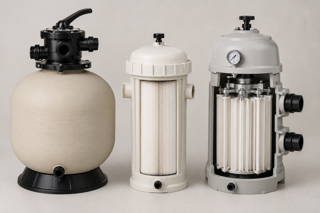 Sand, cartridge and DE pool filters shown side by side for comparison