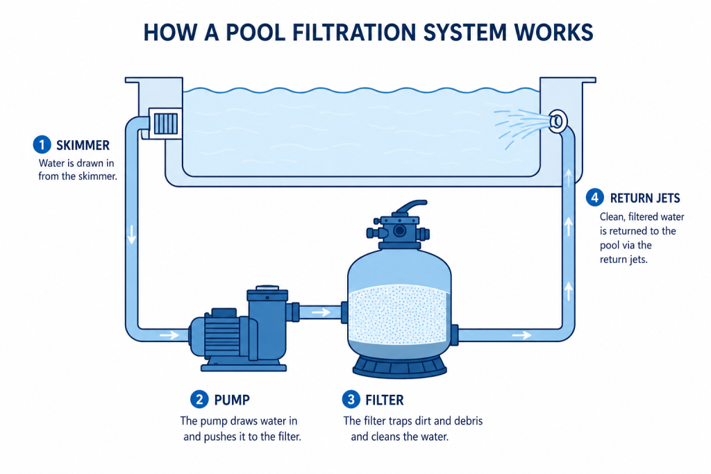 Pool filtration system diagram showing water flow through pump and filter