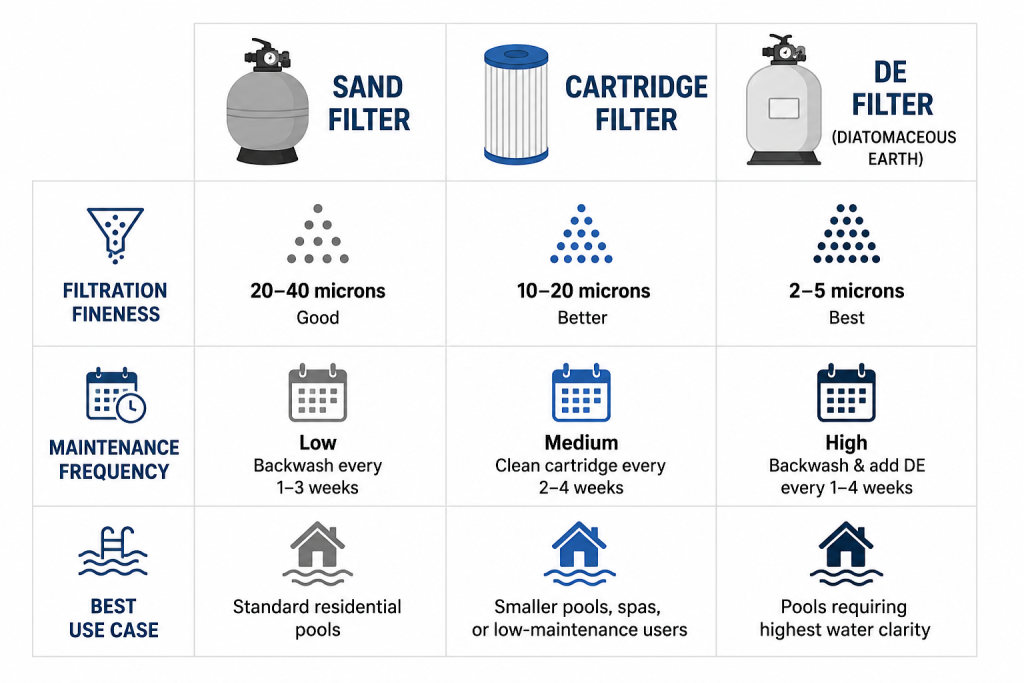Comparison chart of sand, cartridge, and DE pool filters showing filtration, maintenance, and use cases