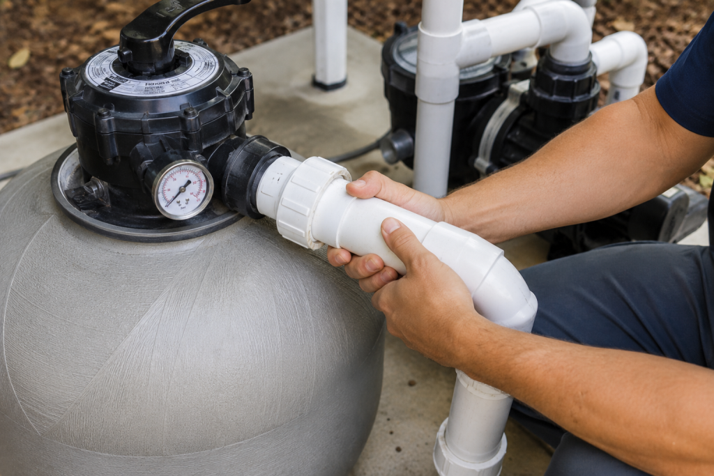 Technician connecting white PVC pipe fittings to a pool filter inlet on an outdoor equipment pad