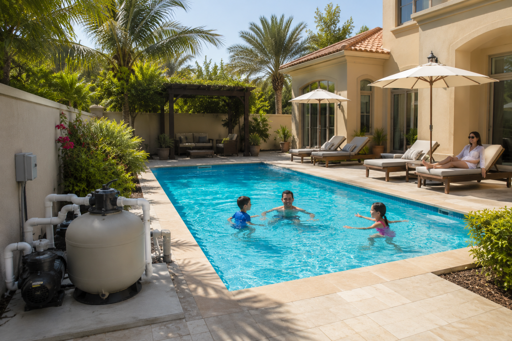 AstralPool vs Emac: Which Pool Equipment Brand Should You Choose in Dubai? 2 Private villa pool equipped with residential-grade filtration for family use
