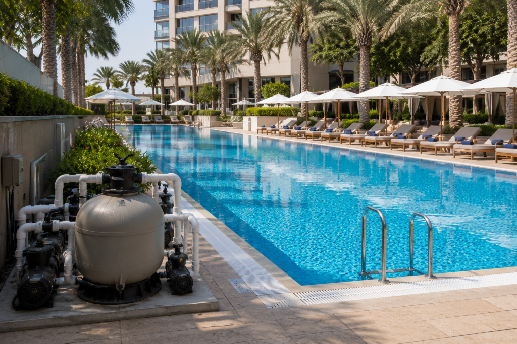 AstralPool vs Emac: Which Pool Equipment Brand Should You Choose in Dubai? 3 Commercial hotel swimming pool with heavy-duty filtration equipment