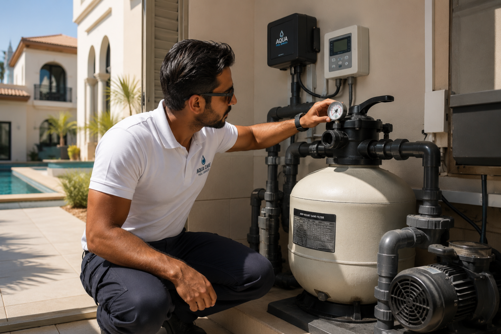 Technician checking a pool filter system beside a swimming pool with a clean logo-free motor and equipment.