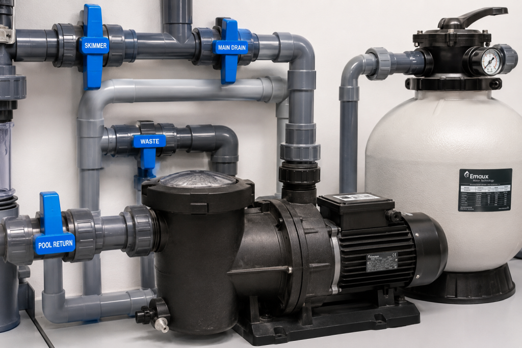 Pool pump and filtration system with labeled PVC pipes and valves in a clean equipment room