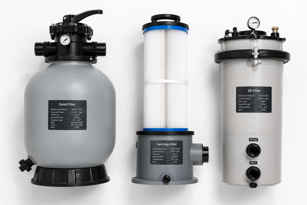 Three pool filters on white background: sand tank, cartridge filter, and DE filter unit side by side