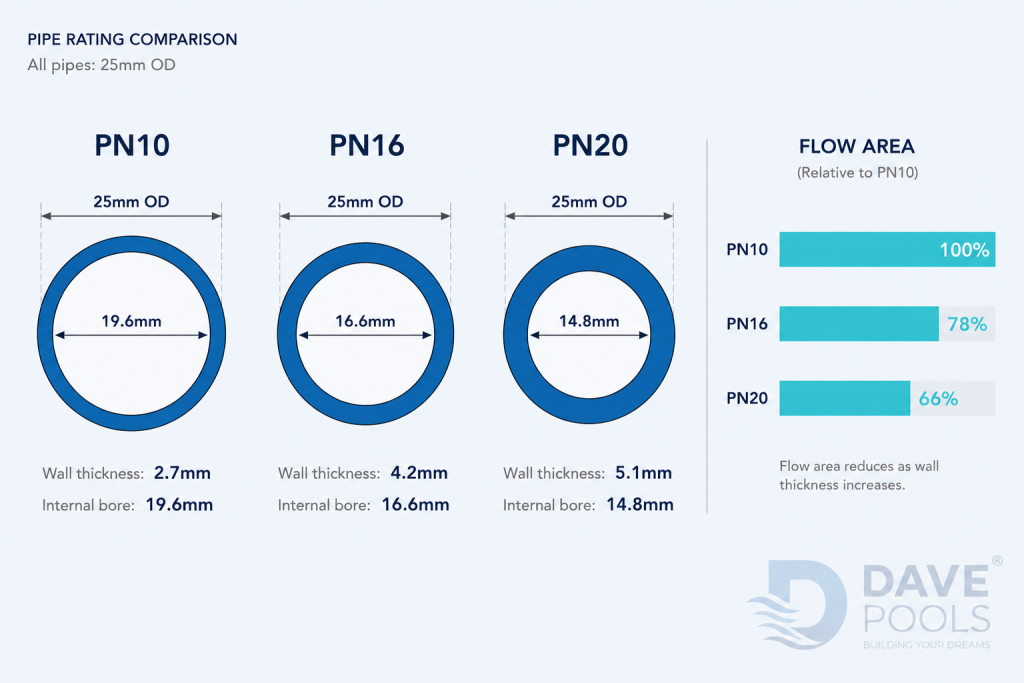 PPR PN rating guide comparing PN10, PN16 and PN20 wall thickness and internal bore at 25mm