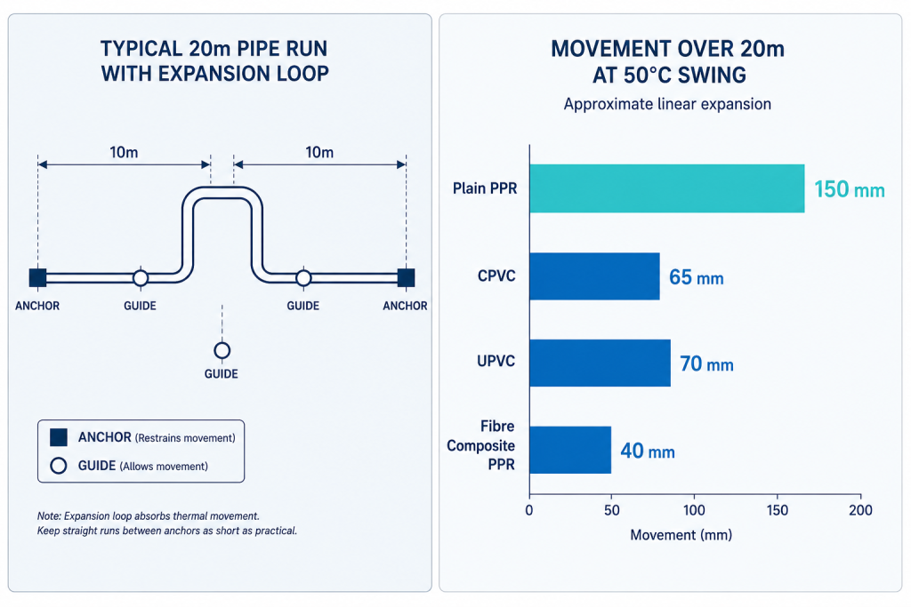 Thermal expansion comparison of PPR, CPVC and UPVC pipe over a 20 metre run in Dubai