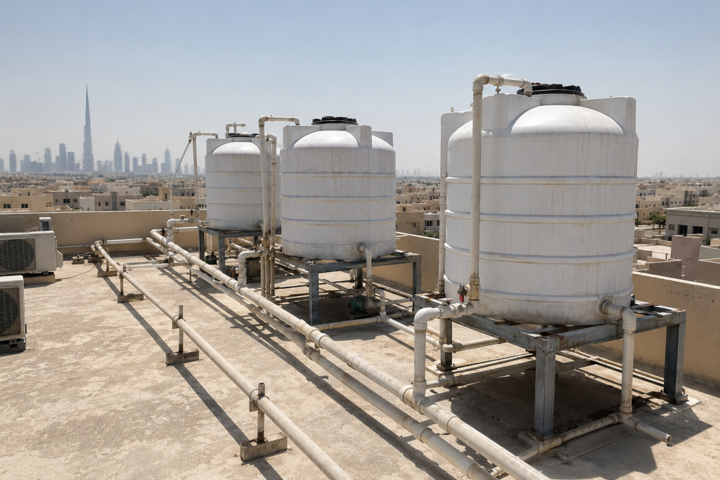 Dubai's climate affects pipe material choice — rooftop water tanks and sun-exposed pipework