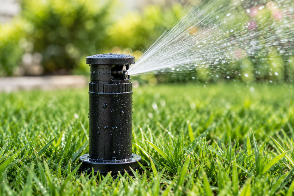 Impact-drive sprinkler head spraying water on a landscaped lawn