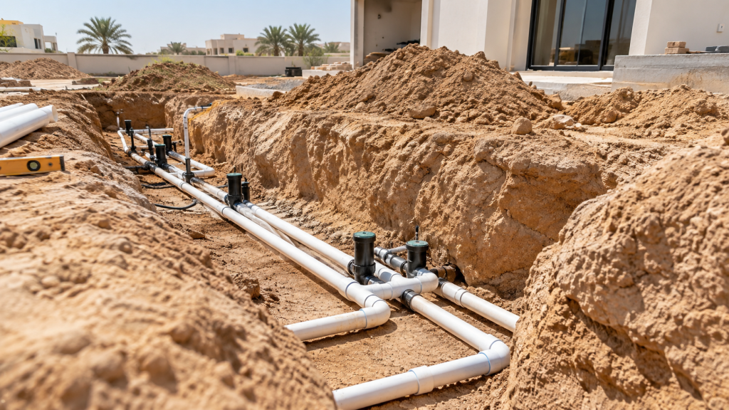 PVC pipes installed underground for villa plumbing and irrigation in Dubai