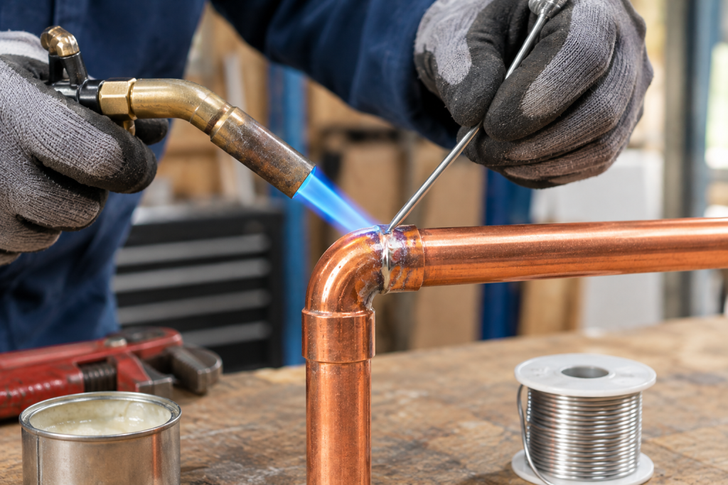 Plumber soldering a copper pipe joint with a torch in a workshop