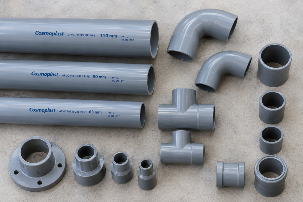  Cosmoplast grey uPVC high-pressure pipes and fittings laid out on a workshop bench in Dubai, showing elbows, tees, couplings, and pipe sections in multiple diameters 