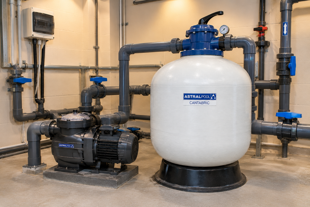 AstralPool Cantabric sand filter with multi-port valve installed next to a pool pump in a Dubai residential pool plant room
