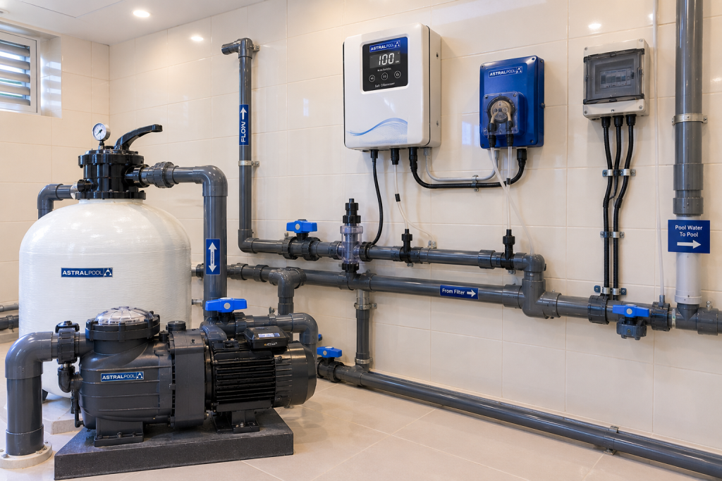 AstralPool salt chlorination system and chemical dosing unit installed in a UAE pool plant room alongside filtration equipment 