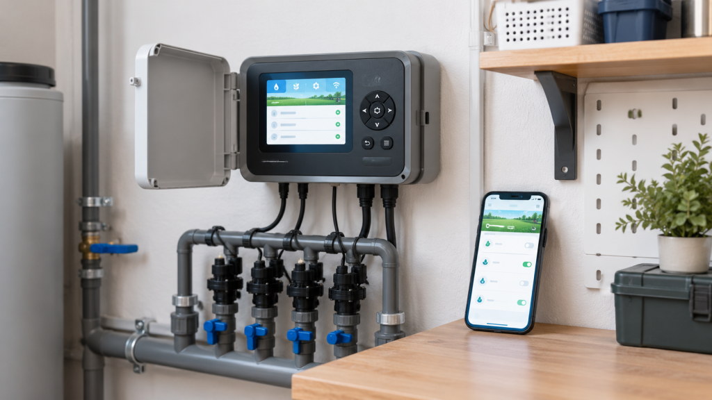 Wall mounted WiFi irrigation controller and phone for managing a villa sprinkler schedule in Dubai