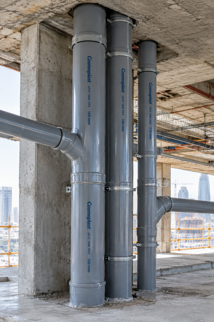 Cosmoplast grey uPVC SWR drainage pipes installed vertically in a UAE building under construction, showing socket joints and branch connections 