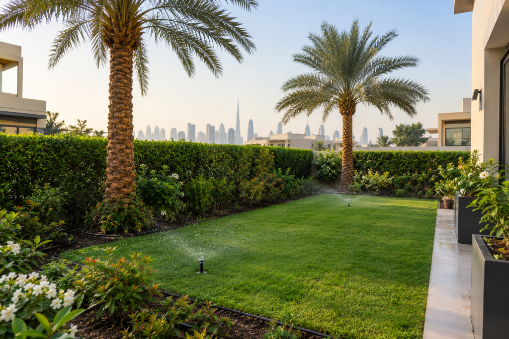 Large landscaped garden in the UAE with separate irrigation zones for lawn, shrubs and trees