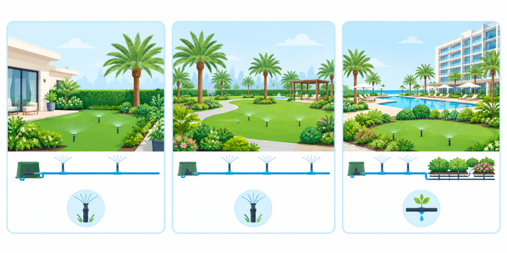 Three panel illustration comparing villa, garden and commercial irrigation system setups
