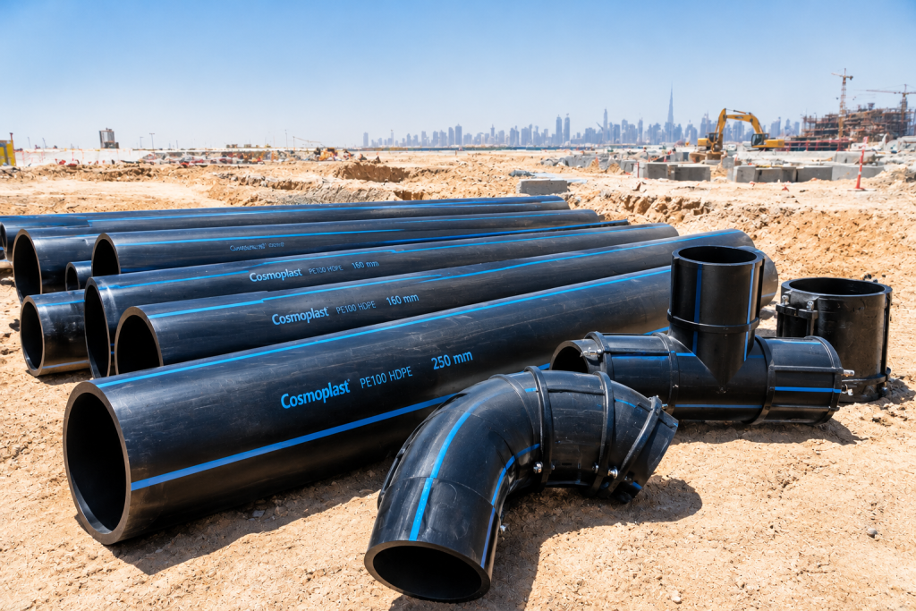 Cosmoplast black PE100 HDPE pipes with blue stripe markings and butt-fusion fittings laid on a UAE construction site ready for installation 