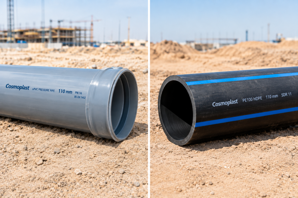  Side-by-side comparison of grey uPVC pressure pipe and black HDPE pipe sections on a UAE construction site showing the difference in flexibility and wall construction 