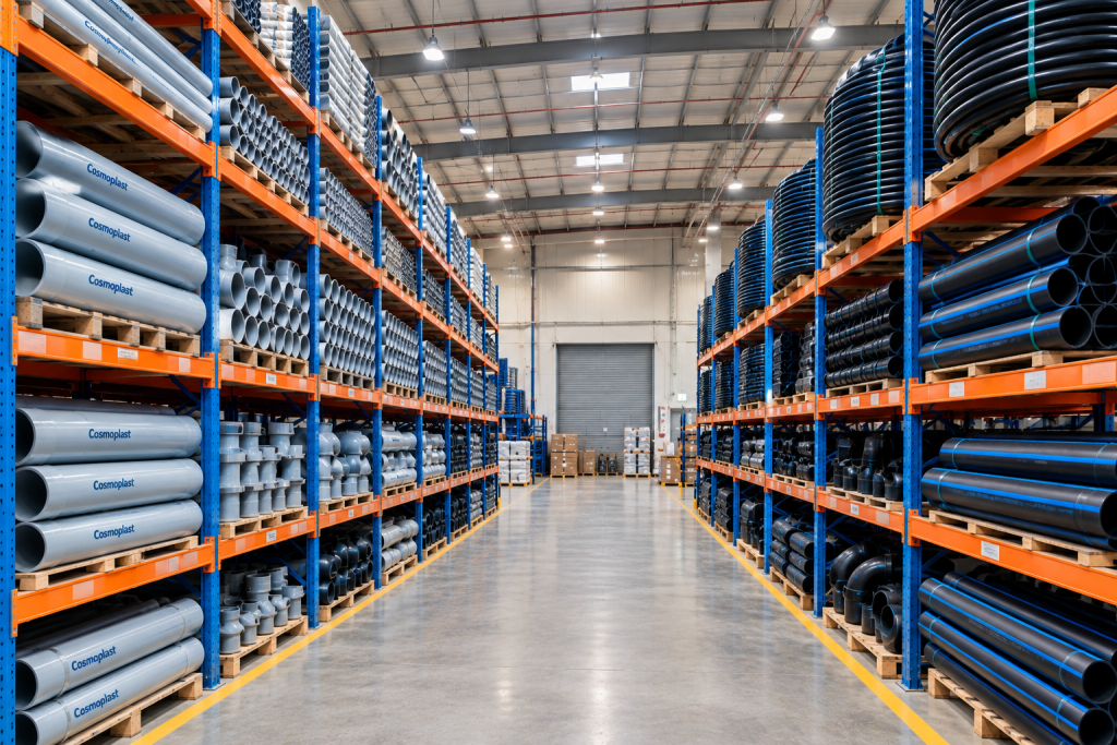 Warehouse stocked with grey Cosmoplast uPVC pipes and black HDPE pipes on industrial shelving, with fittings and pipe coils arranged in a clean, well-organised storage facility.