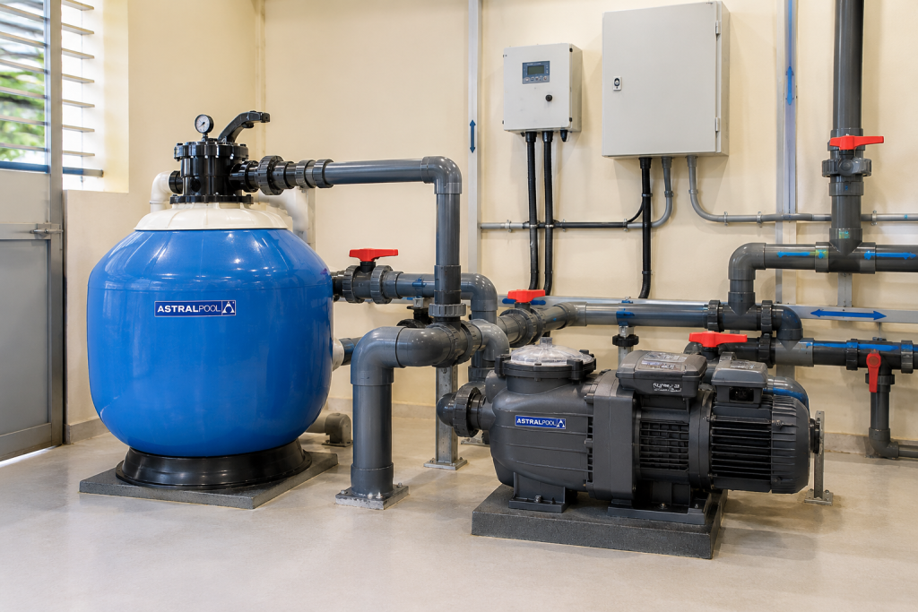 AstralPool pool pump and sand filter installed side by side in a clean UAE pool equipment room with labelled pipework
