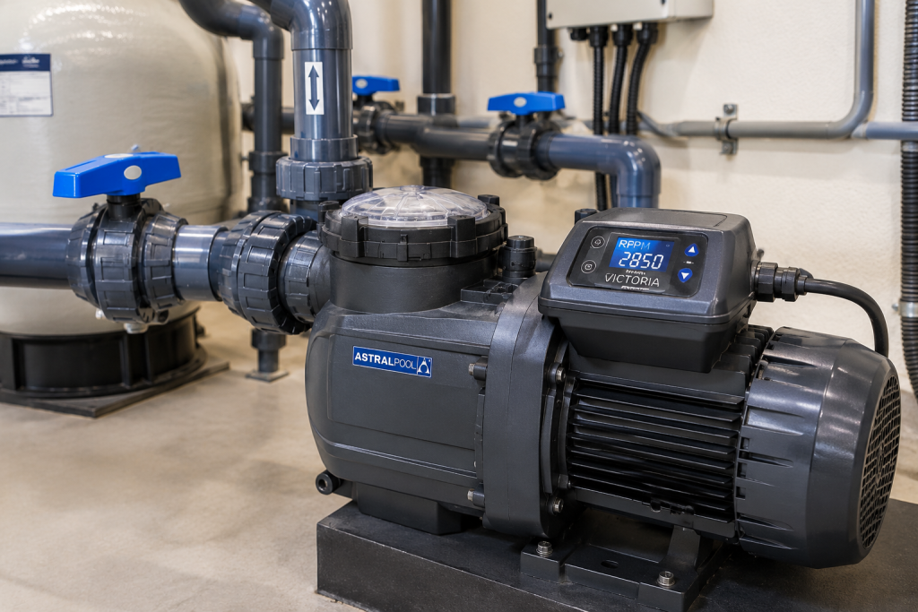 AstralPool Victoria variable speed pump with digital display installed in a Dubai villa pool equipment room connected to PVC pipework 