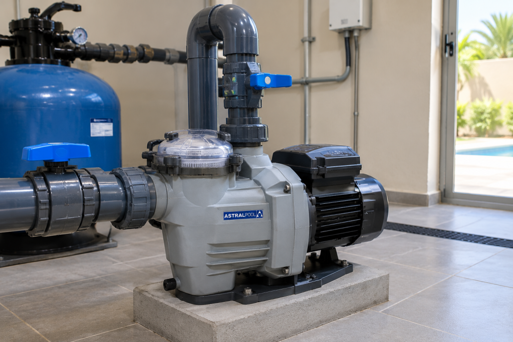 AstralPool self-priming pool pump with transparent strainer lid showing basket, connected to pool pipework in a UAE residential installation 